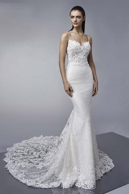 Spaghetti Straps Shiny Sequin Mermaid Wedding Dress with Appliques