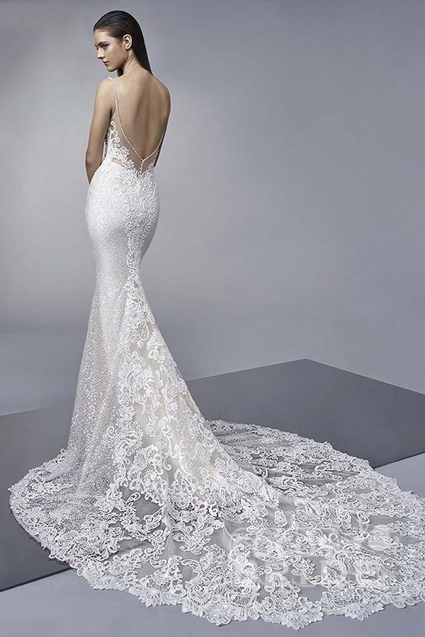 Spaghetti Straps Shiny Sequin Mermaid Wedding Dress with Appliques