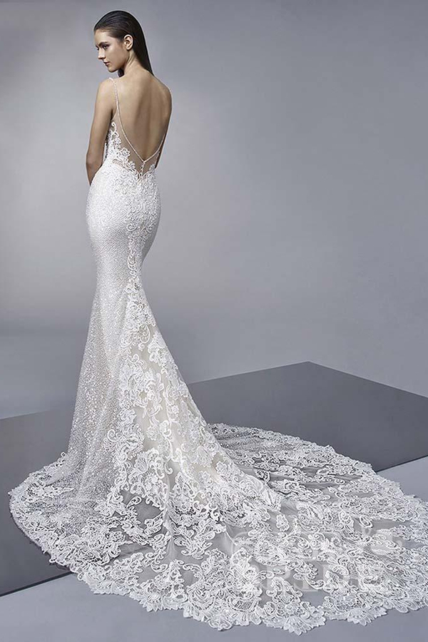 Spaghetti Straps Shiny Sequin Mermaid Wedding Dress with Appliques