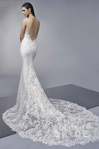 Spaghetti Straps Shiny Sequin Mermaid Wedding Dress with Appliques