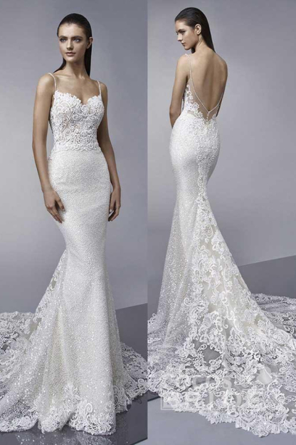 Spaghetti Straps Shiny Sequin Mermaid Wedding Dress with Appliques