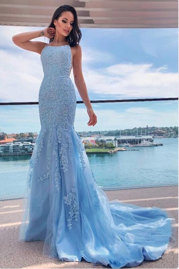 Spaghetti Straps Sky Blue Lace Tulle Mermaid Party Gown Prom Wear Dress
