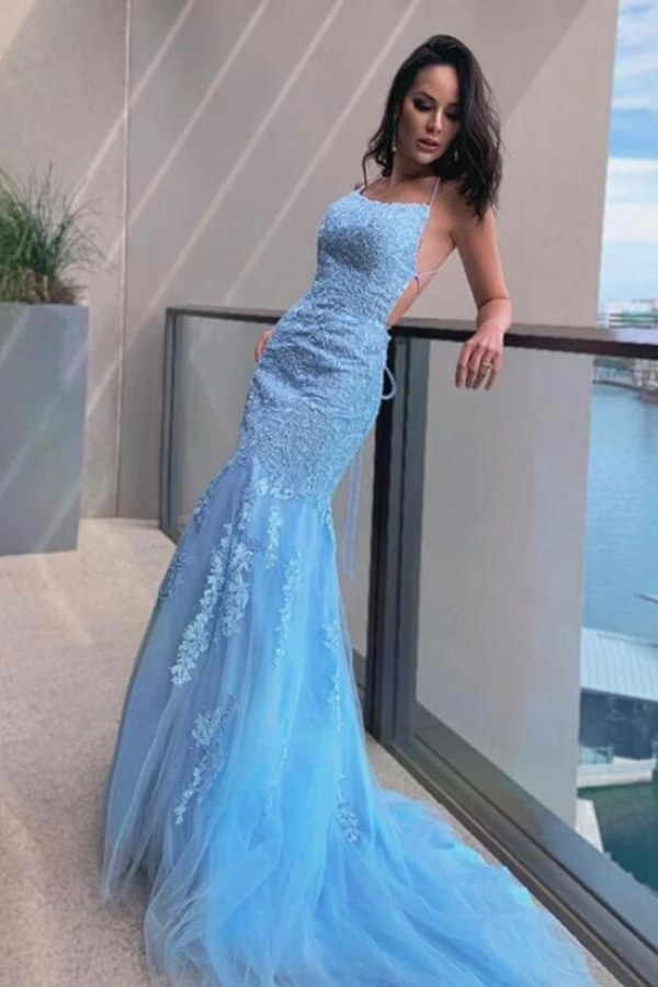 Spaghetti Straps Sky Blue Lace Tulle Mermaid Party Gown Prom Wear Dress