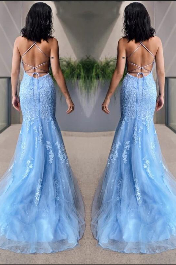 Spaghetti Straps Sky Blue Lace Tulle Mermaid Party Gown Prom Wear Dress