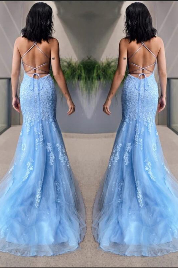 Spaghetti Straps Sky Blue Lace Tulle Mermaid Party Gown Prom Wear Dress