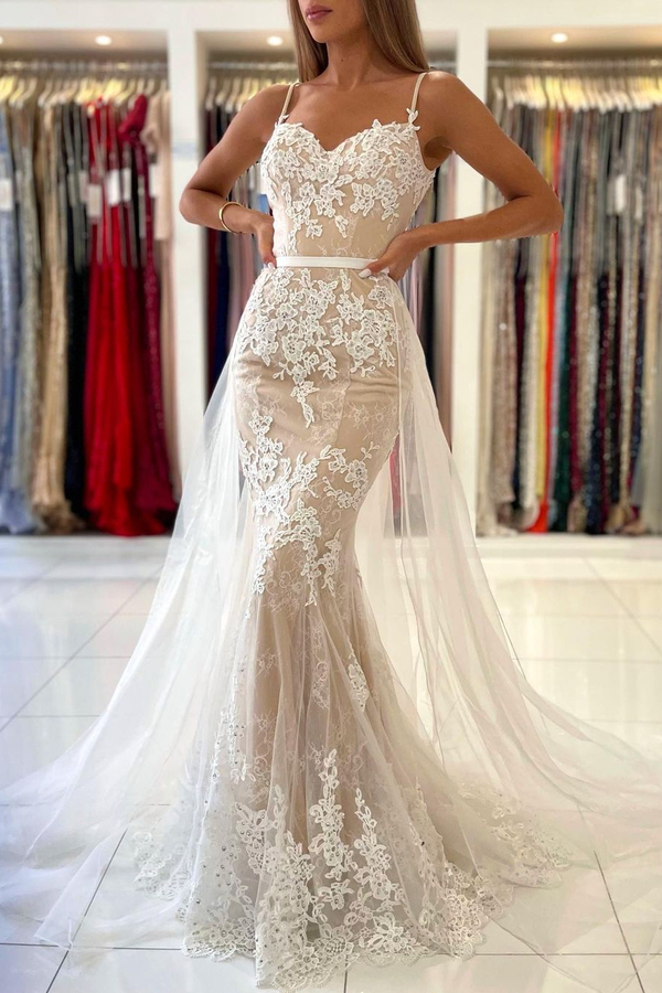 Spaghetti Straps Sweetheart Lace Mermaid Evening Dress with Tulle Detachable Train