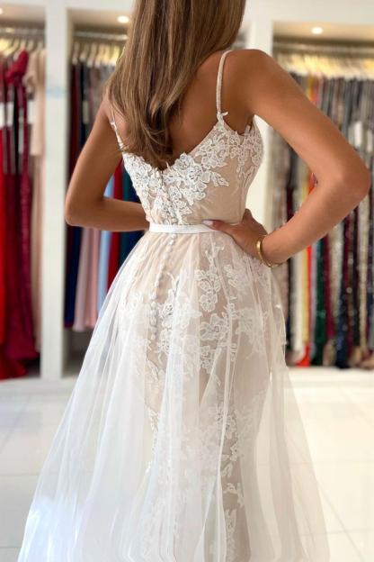 Spaghetti Straps Sweetheart Lace Mermaid Evening Dress with Tulle Detachable Train