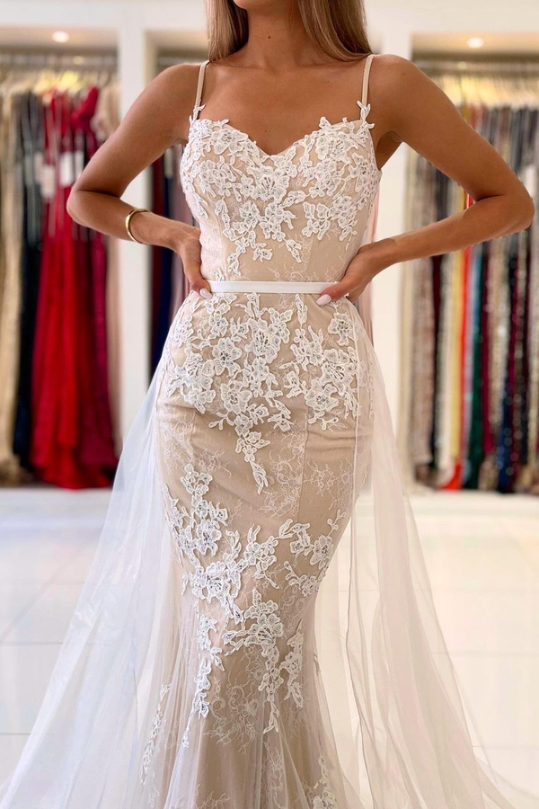 Spaghetti Straps Sweetheart Lace Mermaid Evening Dress with Tulle Detachable Train
