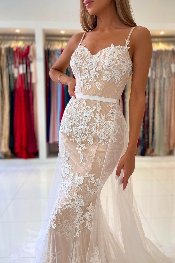 Spaghetti Straps Sweetheart Lace Mermaid Evening Dress with Tulle Detachable Train