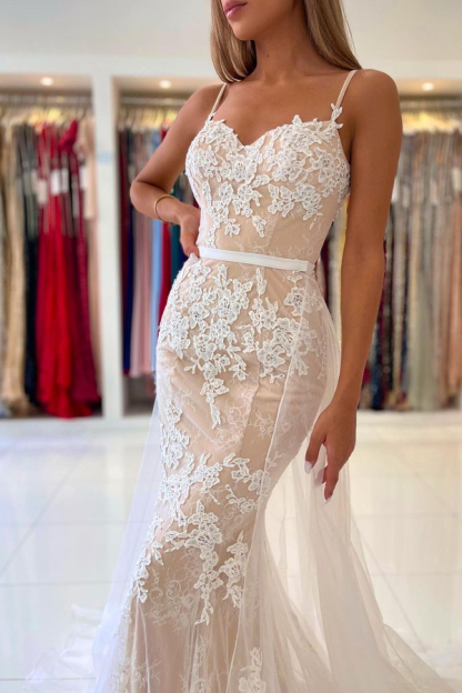 Spaghetti Straps Sweetheart Lace Mermaid Evening Dress with Tulle Detachable Train