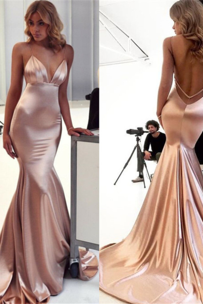 Sleeveless Open Back Ruffle Satin Mermaid Prom Dress | Spaghetti Straps V-Neck Formal Evening Dress