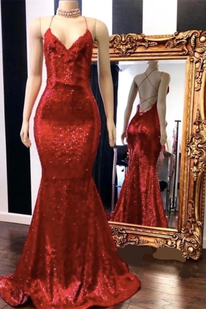 Chicloth Spaghetti-Straps V-Neck Mermaid Prom Dress Sequins With Appliques