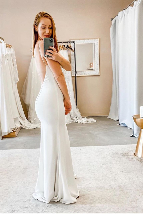 Spaghetti Straps V-Neck Sheath Wedding Dress with Backless Design