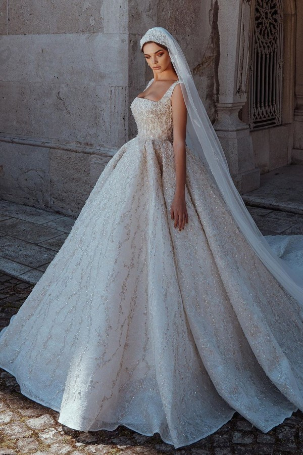 Sparkle Beaded Square Neck Ball Gown Wedding Dress