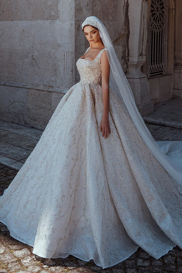 Sparkle Beaded Square Neck Ball Gown Wedding Dress