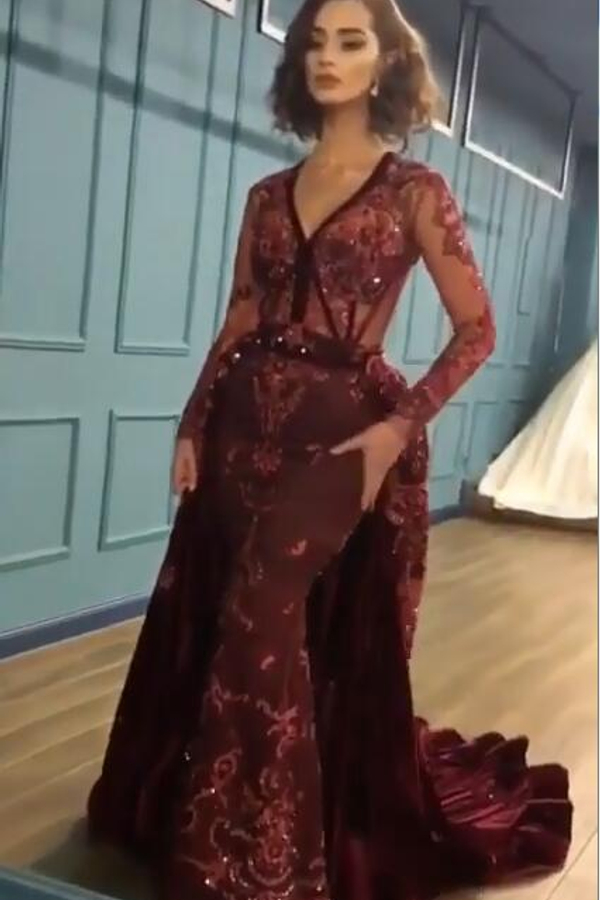 Sparkle Burgundy Prom Dresses Beads Appliques Evening Gowns with Sleeves
