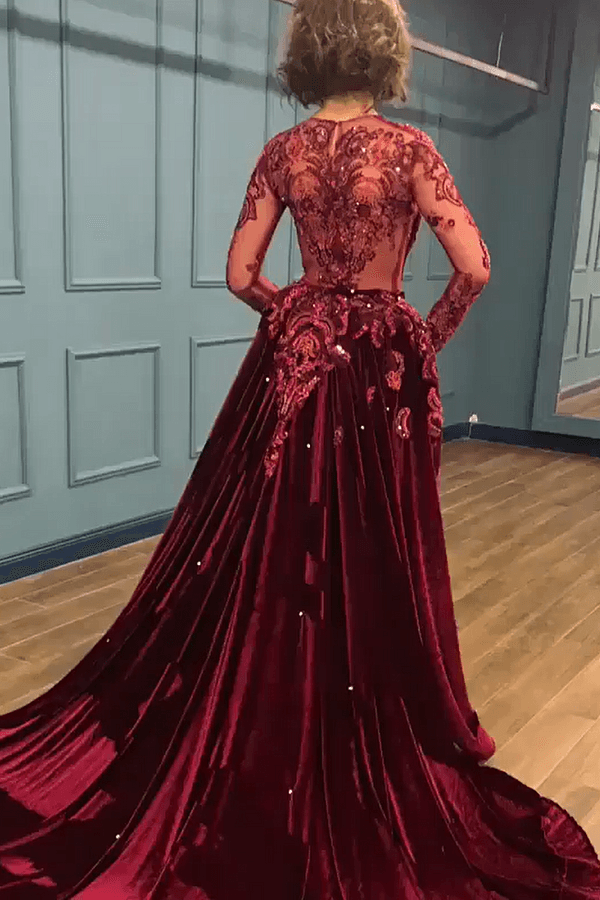 Sparkle Burgundy Prom Dresses Beads Appliques Evening Gowns with Sleeves