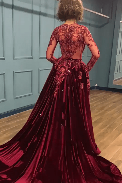 Sparkle Burgundy Prom Dresses Beads Appliques Evening Gowns with Sleeves