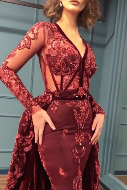 Sparkle Burgundy Prom Dresses Beads Appliques Evening Gowns with Sleeves