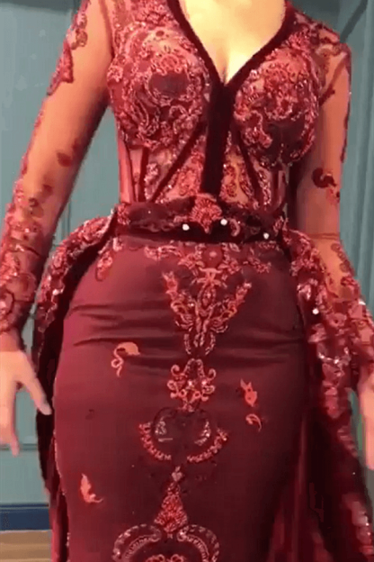 Sparkle Burgundy Prom Dresses Beads Appliques Evening Gowns with Sleeves