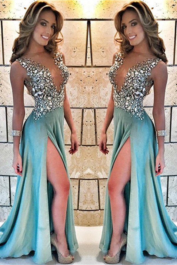 Sparkle Crystal Sheer Tulle Prom Dress Sleeveless Formal Evening Gown with Side Split