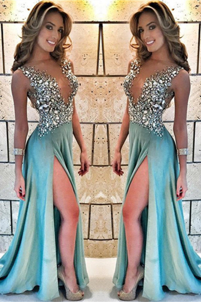 Sparkle Crystal Sheer Tulle Prom Dress Sleeveless Formal Evening Gown with Side Split
