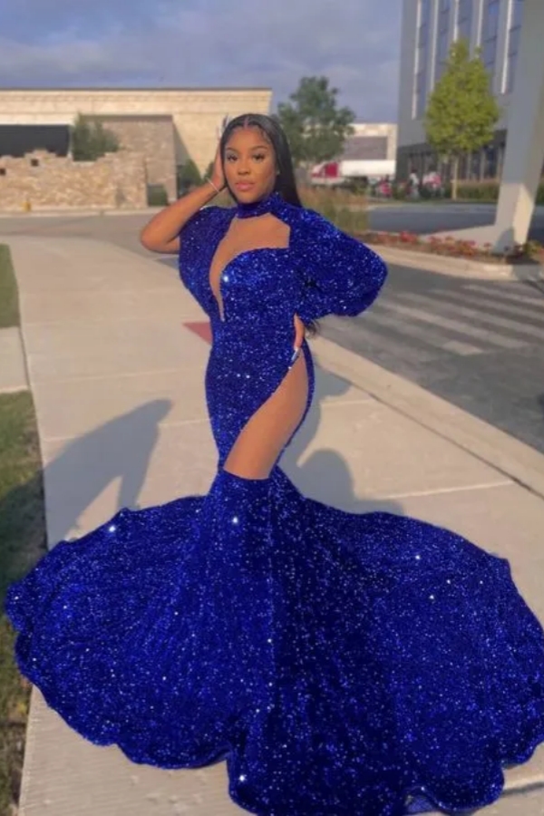 Sparkle Long Sleeves Royal Blue Sequin Mermaid Prom Dress