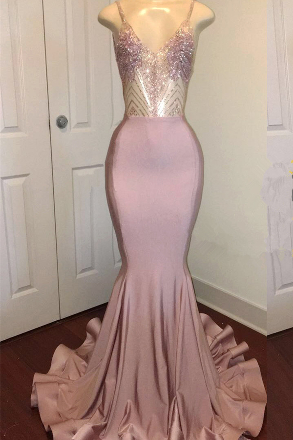 Sparkling Beaded Pink Prom Dress with Spaghetti Straps Backless Design Sheath Evening Dress