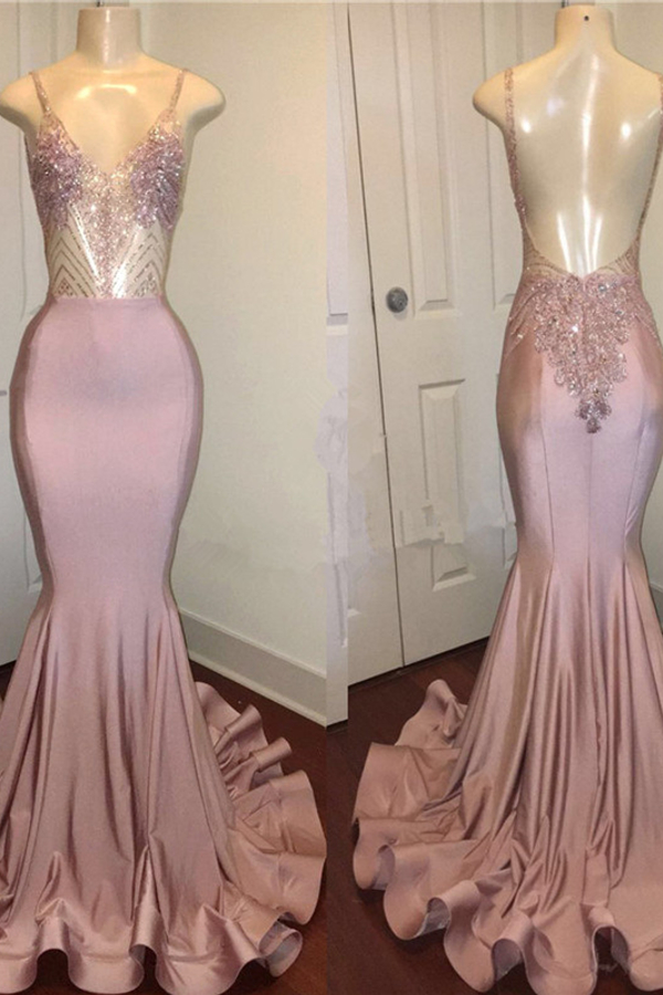 Sparkling Beaded Pink Prom Dress with Spaghetti Straps Backless Design Sheath Evening Dress