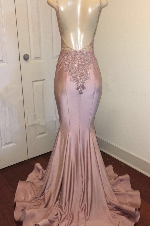 Sparkling Beaded Pink Prom Dress with Spaghetti Straps Backless Design Sheath Evening Dress