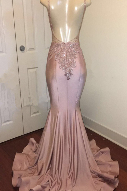 Sparkling Beaded Pink Prom Dress with Spaghetti Straps Backless Design Sheath Evening Dress