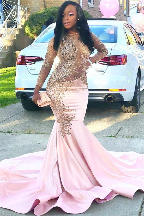 Sparkling Beaded Sequin Pink Prom Dress | Long Sleeve Sheer Tulle Mermaid Evening Gown