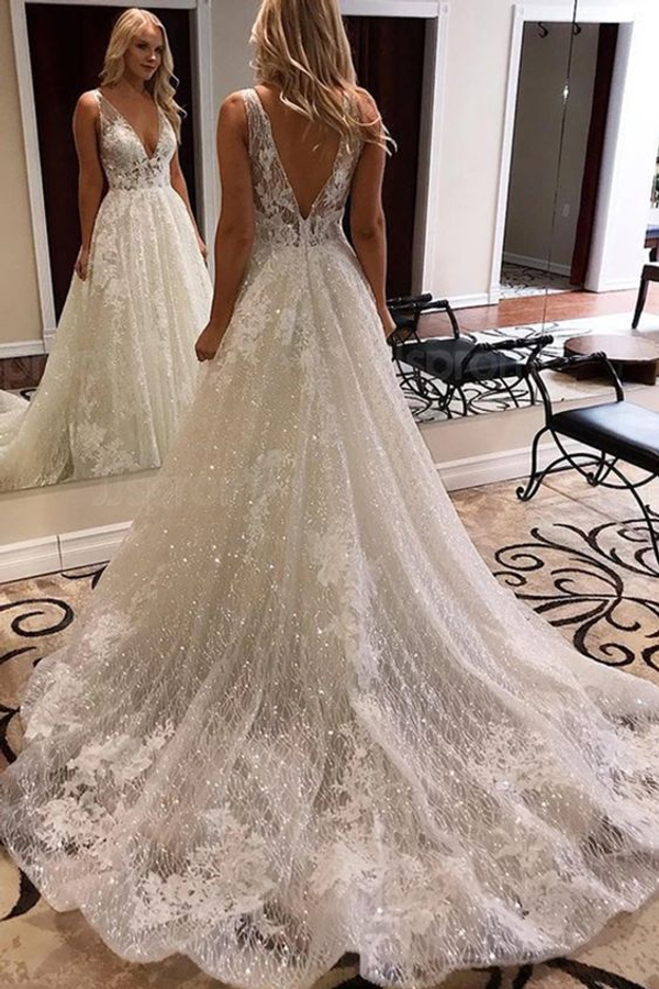 Sparkling V-Neck Lace Applique Wedding Dress A-Line Backless with Straps