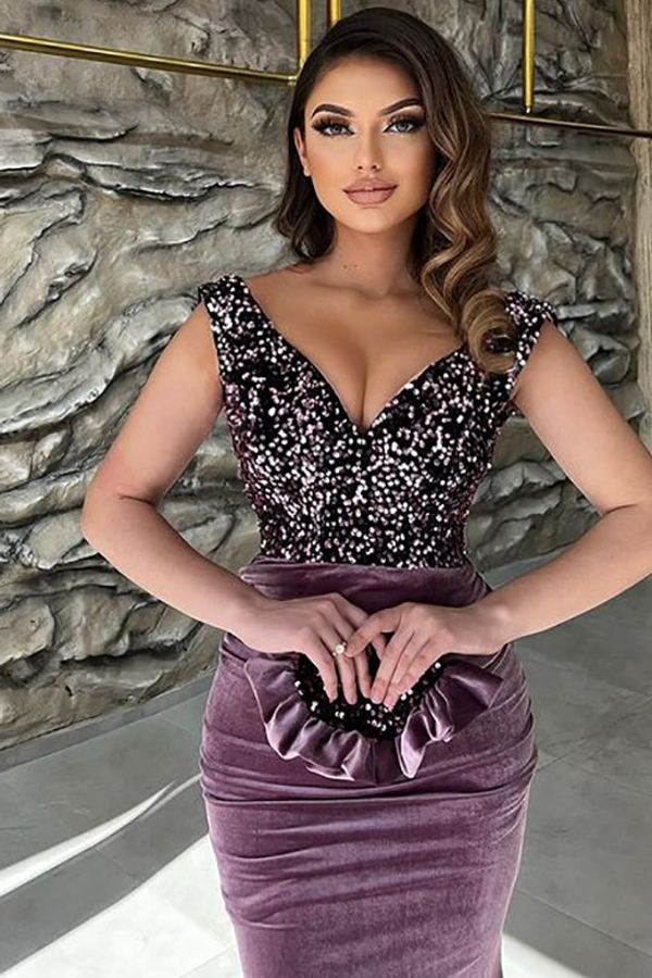 Sparkling Velvet Long V-Neck Evening Dress Cap Sleeves Sheath Prom Dress