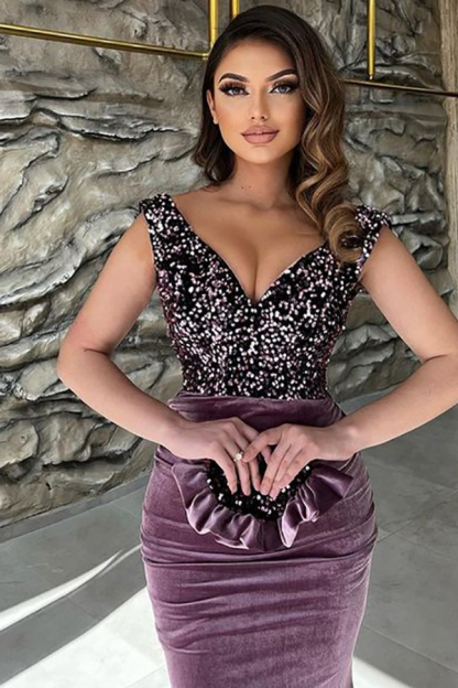 Sparkling Velvet Long V-Neck Evening Dress Cap Sleeves Sheath Prom Dress