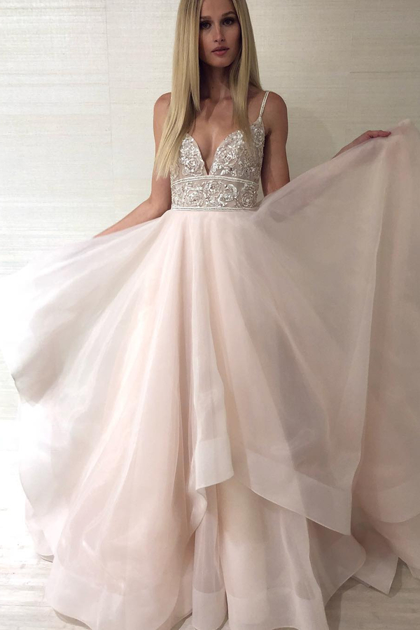 Sparkly Beaded Sequin Backless Prom Dress | Spaghetti Straps Champagne Evening Dress