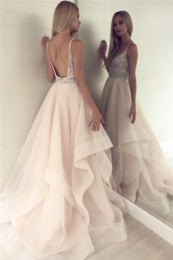 Sparkly Beaded Sequin Backless Prom Dress | Spaghetti Straps Champagne Evening Dress