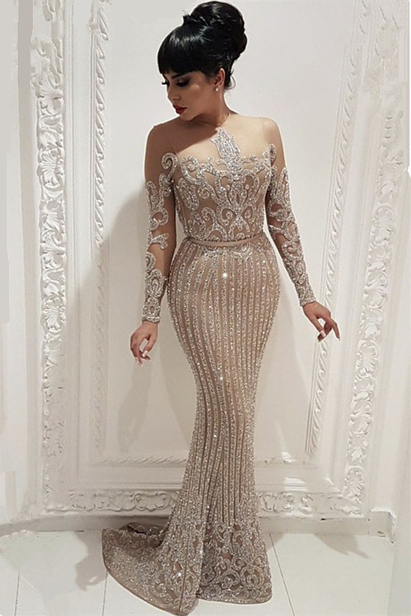 Sparkly Beaded Sequin Evening Dress | Mermaid Long Sleeve Nude Lining Prom Dress