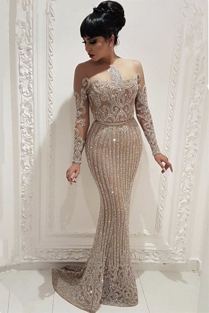 Sparkly Beaded Sequin Evening Dress | Mermaid Long Sleeve Nude Lining Prom Dress