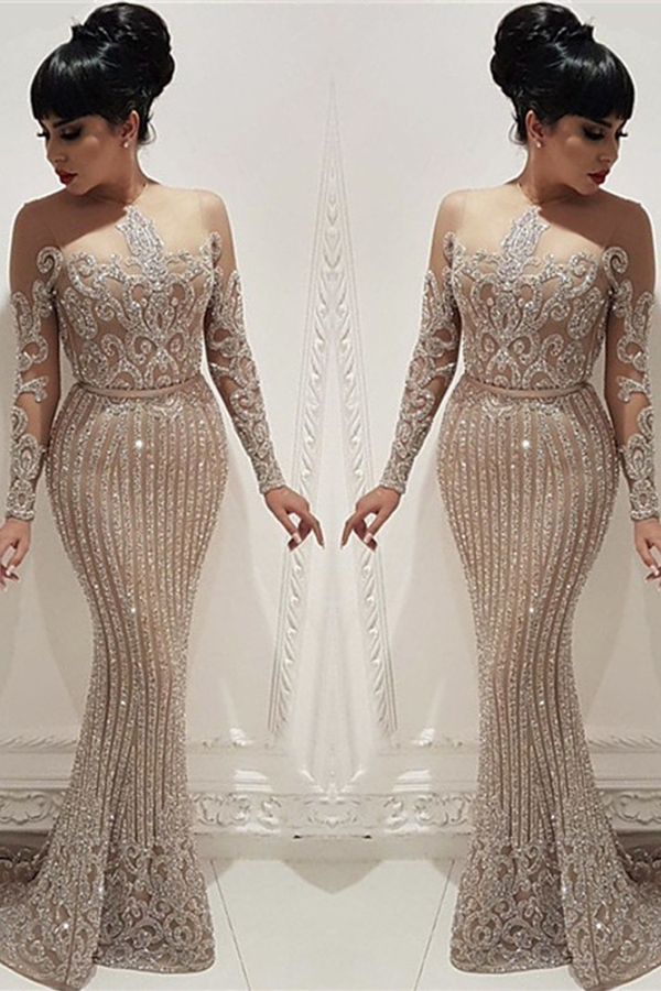 Sparkly Beaded Sequin Evening Dress | Mermaid Long Sleeve Nude Lining Prom Dress