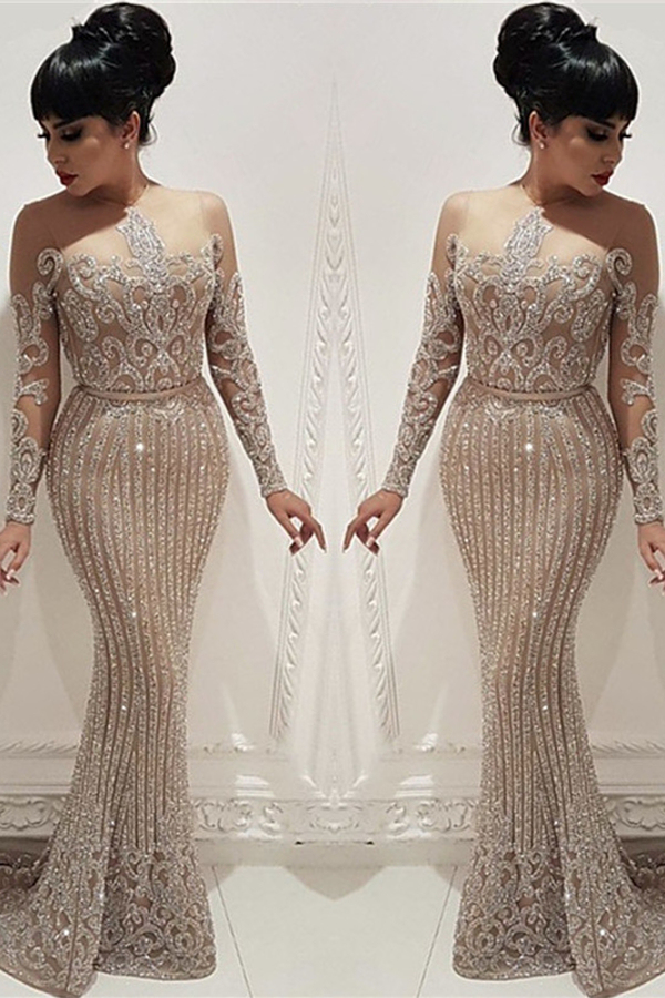 Sparkly Beaded Sequin Evening Dress | Mermaid Long Sleeve Nude Lining Prom Dress