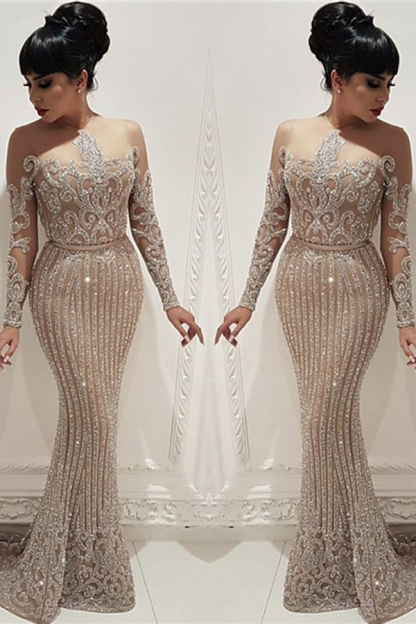 Sparkly Beaded Sequin Evening Dress | Mermaid Long Sleeve Nude Lining Prom Dress
