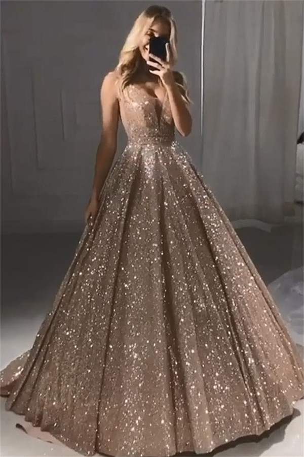Sparkly Champagne Gold Sequin Prom Dress | Sleeveless Straps Evening Gown