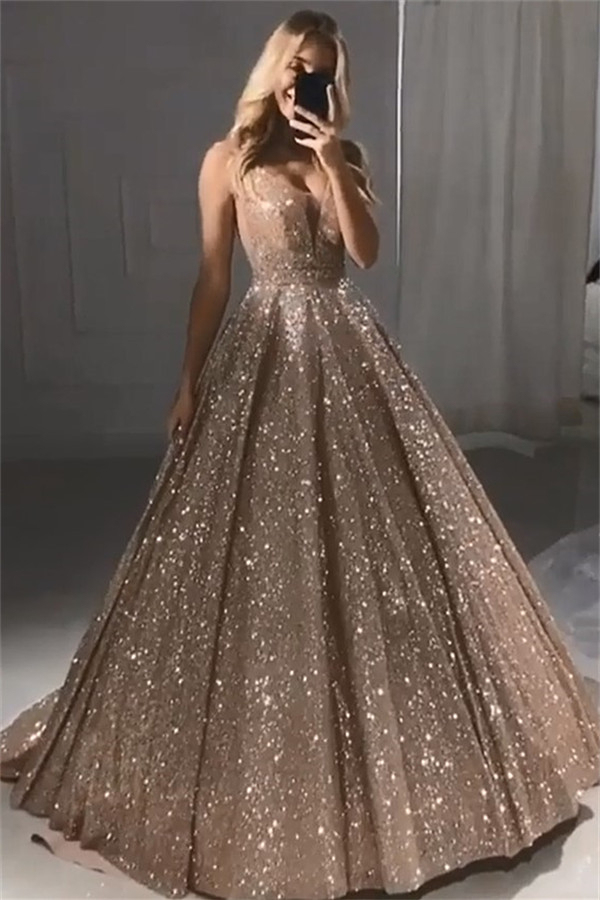 Sparkly Champagne Gold Sequin Prom Dress | Sleeveless Straps Evening Gown