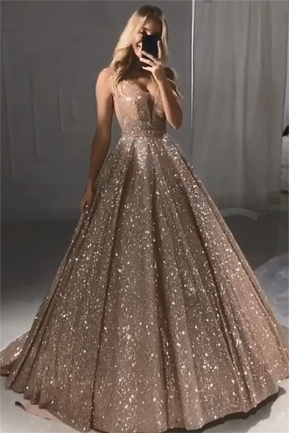 Sparkly Champagne Gold Sequin Prom Dress | Sleeveless Straps Evening Gown