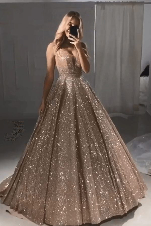 Sparkly Champagne Gold Sequin Prom Dress | Sleeveless Straps Evening Gown