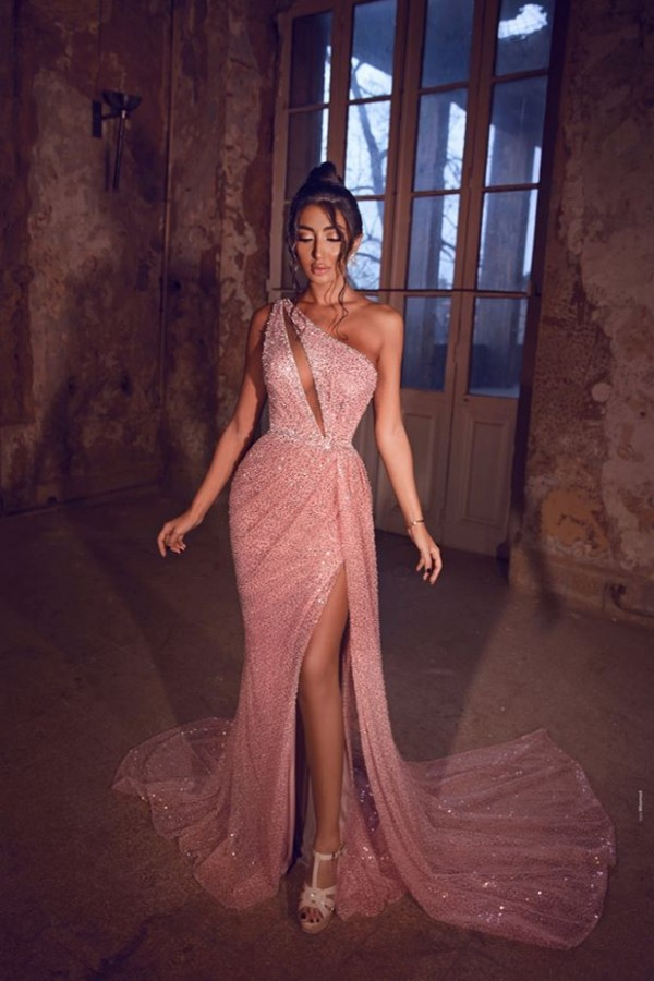 One Shoulder Mermaid Prom Dress | Sparkly Sequins Side Split Evening Dress