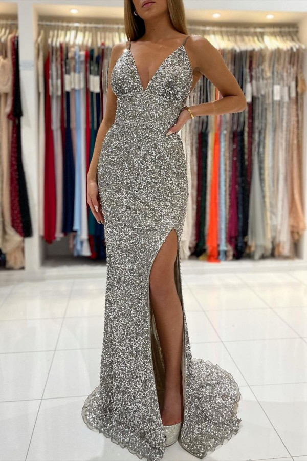Sparkly Sequins V-Neck Prom Dress Sexy Side Slit Spaghetti Straps Evening Maxi Dress