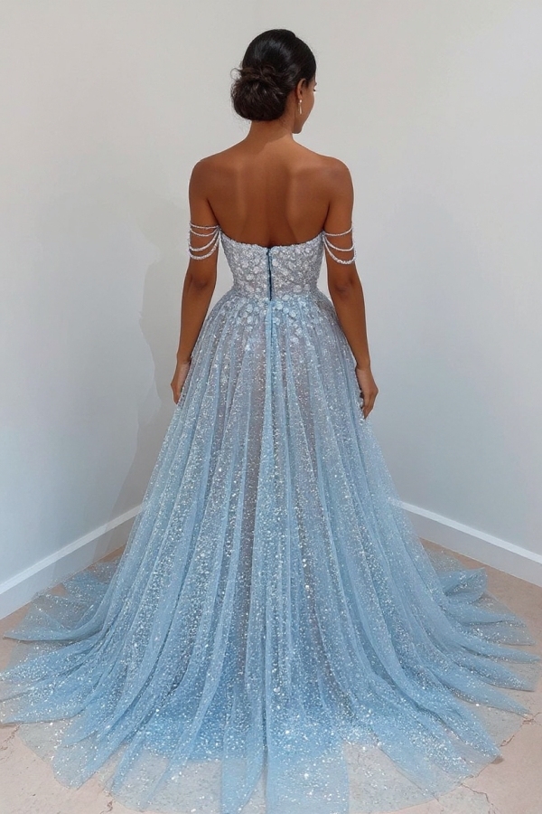 Sparkly Sleeveless A-Line Evening Party Dress Sky Blue Sequined Prom Gown