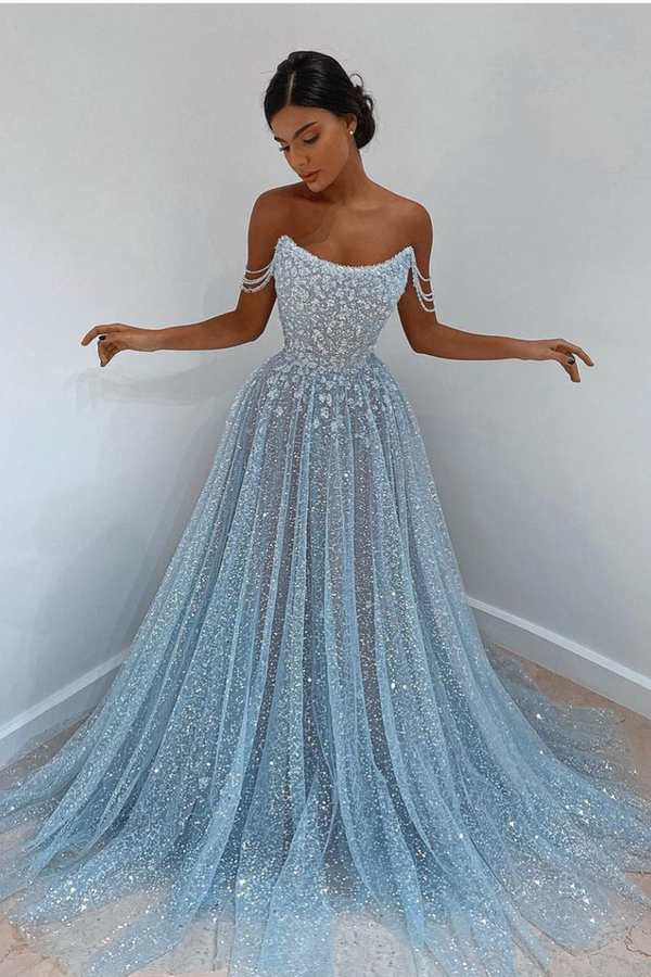 Sparkly Sleeveless A-Line Evening Party Dress Sky Blue Sequined Prom Gown
